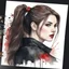 Placeholder: A portrait headshot of a confident looking young woman with pale skin, red eyes, and long brown hair pulled into a ponytail in a dark modern setting with intricate details. She is wearing black and red casual clothes, an air of malevolent power surrounds her. watercolor splash art