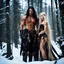 Placeholder: tall muscular male mountain man with long dark hair with a petit female with long blonde hair, dark fantasy, snowy forest