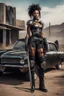 Placeholder: Post-apocalyptic, beautiful african american female warrior with spiked armor holding a sword standing in front of a 1960s matte black Lincoln car