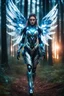 Placeholder: Front View night photography Beautiful Angel woman cyborg, warframe armor in Magical Forest full of lights colors, Photography Art Photoshoot Art Cinematic Soft Blur Colors - on Running Dramatic Pose