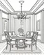 Placeholder: illustration of a formal dining room in a coloring book page, thick lines, no shading, simple and clean line art, vector, raw, low detail, monochrome, black and white, outline