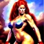 Placeholder: Epic full body portrait of busty atletic young beautiful Red Sonja fighting a Gorilla Boris Vallejo styles