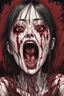 Placeholder: woman with 4 eyes, face distorted with pain, screaming, tears streaming from eyes, siting pose, fullbody, Junji Ito style, darkred tones,