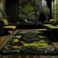 Placeholder: An olive green and black kingdom surrounded in lava designed in Moroccan rug art painted by Karl Wiener