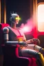 Placeholder: portrait of enlightened robot awake while dreaming, holding lotsa phones chatbot smoking a sigar on a throne in a fast bullet train , smoke, 4k, downlight, soft light, depth of field, photorealism, trending on art station