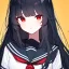 Placeholder: Clear focus, High resolution, long black fluffy hair, red eyes, chopped bangs, wearing a sailor uniform, wearing a sailor skirt, colorful, hollywood, female, no outlines, extreme close up, rough line sketch