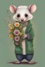 Placeholder: Green opossum wearing cardigan holding a bouquet of wildflowers cute art