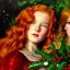 Placeholder: young Cintia Dicker and teen Robyn Lively, beautiful faces, meticulously detailed red hair; Christmas sleigh, horses; ethereal fantasy maximalist matte painting. Hues of Christmas. Hideo Kojima. realistic oil painting. Victorian era portrait painting, snowflakes, holly, pinecones, old fashioned, vintage, antique, beautiful, renaissance, 16k