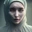 Placeholder: clouds of fog as woman's face, dissolving, disintegrating, wearing hijab, fine detail, highly intricate, modern surrealism painting, high-quality, volumetric lighting, 8k, ultrahd, George Grie, Marco Escobedo, Igor Morski,Brian Froud, Howard Lyon, Selina French,