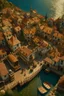 Placeholder: Village du moyen age a cote de la mere avec des habitant fantastique vu de haut