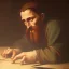 Placeholder: leonardo da vinci works in his study on a laptop at his desk. painting in photoshop. hyperdetailed, warm colors, movie poster, photoillustration, oil on canvas, lens flare