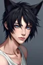 Placeholder: A young man with messy black hair, black cat ears on his head, blue eyes.