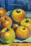 Placeholder: Abstract impasto oil painting of an apples on a table cezanne