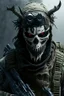 Placeholder: A soldier in the game modern warfare, he wears a skull mask with horns that covers his eyes. The lower half of his face is covered by a mask with a bloody fanged grin. He is a sniper, but can also run point. His call sign is Wraith. Couple