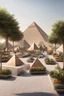 Placeholder: public area with the pyramids, modern street seating , planters, bazaars.