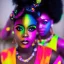 Placeholder: full body shot, masterpiece, best quality, family of three, black skinned, sparkling eyes, fluorescent skin, colorful makeup, afro, highly detailed body, afrofuturism, scifi, sun light, 4K, RAW, depth of field, high contrast, realistic details, 24mm