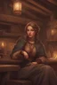 Placeholder: DnD style, medieval beautiful woman dressed in warm winter clothes sitting in a tavern