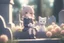 Placeholder: cute chibi anime cat girl in the graveyard, sadly sitting next to a grave, flowers in her hand in sunshine, ethereal, otherwordly, cinematic postprocessing, bokeh, dof