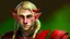 Placeholder: A young elf with blond hair in a single braid, green eyes and a small smile. He is dressed in an artist's costume mixing red and black as the main color.