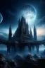 Placeholder: The gothic future modern buildings in another dimension surrounded with stars and galaxies and clouds and fogs, Busch painting nightmare style , 3D , scary, magical, mysterious