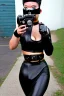 Placeholder: Cyber-punk style camera-mask. Large fencing mask covers cheeks. Trim girls. Reflective plastic body surface. Camera lenses as eyes. Head full of integrated old-fashioned cameras. Golden to cyan surfaces body, latex. Perfect body, thick thighs and calves. Asa Akira. Selfies with old-fashioned cameras in both hands. Wide hip, skirt bleats nicely. Camera at mons veneris and nipples. Partly symmetrical. Three Cameras hanging on wide plastic belt. Euclidean 3D-tiling. Fractal-camera-lens.Minimalism