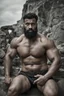 Placeholder: full figure shot photography of a burly ugly 30 year old italian boxer with big broken nose, very long muslim black beard, muscular beefy man shirtless, manly chest, big shoulders, short hair, bulge, photorealistic