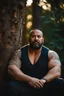 Placeholder: close up photography of a marocan 40 years old seated on a tree trunk in the wood, burly chubby muscular overweight, manly chest, white bulging boxer, shirtless, hairy , golden hour, tatoo,, 35mm lens, f/1.8, accent lighting, global illumination, frontal view from the ground