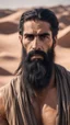 Placeholder: An Arab man in the desert, tall and strong, with long black hair and a thick beard. A long face, a large nose, a thick face, and sharp black eyes. A solid and muscular body with a strong build.