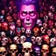 Placeholder: a picture of a dark, comedic, anatomically correct wall of colorful tightly packed skulls of varying sizes and expressions, photo realistic, insanely meticulous, highly detailed, part of a collection of bones on display, 64k, dystopian, vray