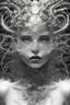 Placeholder: a black and white double exposure photo of a woman's face, an ultrafine detailed air brush painting by Hajime Sorayama, Kyle cooper, and Dan Hillier, cgsociety, dark erotica, avant garde gothic androgynous, mixed media, dystopian art, cosmic art, analog horror, nightmarefuel, hauntingly beautiful, beautifully ominous, sharp and razor focused in stunning HD, world class art, unique, modern masterpiece, exceptional, exquisite, dark fantasy, grime, neoism, apocalypse art, calotype