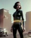 Placeholder: retro sci-fi portrait image from 1960, supermarket parking explosion, young Scarlett Johansson, classic black tight lycra latex suit, gold bracelet and belt, soft color, highly detailed, unreal engine 5, ray tracing, RTX, lumen lighting, ultra detail, volumetric lighting, 3d, finely drawn, high definition, high resolution.