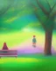 Placeholder: park mystical dream, park bench, man, woman, child, dog, trees, path, bird, sunshine, mystical, fantasy, romanticism, pastel colors, daylight, daytime, acrylic painting, detailed, soft focus,