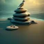 Placeholder: beach, stone sculpture and birds, water, reflection, movie poster, fantasy art, misty