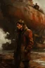 Placeholder: A rusty tanker on the shore and a young man in warm clothes peering into the distance, longing, post-apocalypse, dark colors, Luis Royo & Raymond Swanland & Alyssa Monks & Anna Razumovskaya