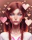 Placeholder: girl, happy, smiling, surrounded by hearts, brown hair, long hair, brown eyes, close up portrait, pink top