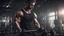 Placeholder: Hyper Realistic muscular-handsome-man-with-black-tank-top training-in-dark-gym with dumbbells & other gym-machinery with dramatic-&-cinematic-ambiance