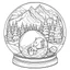 Placeholder: outline art for square snowy winter landscape Christmas Festive Snow Globe coloring page for kids, classic manga style, anime style, realistic modern cartoon style, white background, sketch style, only use outline, clean line art, no shadows, clear and well outlined