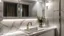 Placeholder: interior of a modern luxury bathroom from a frontal perspective, features an elegant white marble sink, accompanied by a matte ixox faucet, includes a large mirror with a stainless steel filigree that reflects the opulent decoration of the room, the floor and the Walls are finished in large white and gray veined marble tiles, adding to the luxurious aesthetic, soft LED lighting is integrated into the ceiling and behind the mirror, projecting a warm and bright ambiance. Lighting throughout the sp