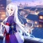 Placeholder: girl, masterpiece, best quality, volumetric lighting, detailed outfit, perfect eyes, long hair, white hair, purple eyes, rooftop, town, shooting star obi, looking back, laughing,