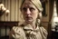 Placeholder: ww1 very sad blonde maid talking close-up standing up looking to the camera, ww1 mansion room background