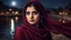 Placeholder: Hyper Realistic Photographic-close-view of Young Beautiful Pashto Girl with-beautiful-eyes-&-lips in a Maroon-dress peeking from-her black-shawl & giving bold expressions-with-little-smile riverside at beautiful moonlight-night showing dramatic & cinematic ambiance.