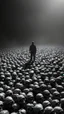 Placeholder: Bosch nightmares paining style Title:a field of small human skulls all colored in black and white, a shadow of man standing in the middle, 8k artistic photography, photorealistic concept art, soft natural volumetric cinematic perfect light, chiaroscuro, award-winning photograph, masterpiece, oil on canvas, Raphael, Caravaggio, Greg Rutkowski, people, beksinski, Giger