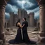 Placeholder: Hyper Realistic photographic-view of an extremely-Handsome-Muscular-Man In Black-tuxedo & beautiful-woman-with-long-black-hair-&-black-gown both-getting-romantic in the middle of an ancient-prehistoric-castle-ruins with wedding-setup & UFOs on cloudy-maroon-sky with thunderstorm giving it a dramatic & cinematic ambiance