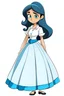 Placeholder: Design of a cartoon character wearing a long blue skirt and a white shirt, her long, thick and soft black hair, and her skin color is white.