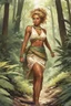 Placeholder: Drawn by Tradd Moore, colored by Heather Marie Lawrence Moore for Lean and muscular, skin tanned nearly bronze greeck girl tracking through the forest and brush. Showing her mini-skirt. Blonde Curly hair in a messy bun and severe look, wearing greek toga .