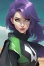 Placeholder: Woman with cute hair, bright green hair, purple eyes, wearing futuristic clothes, cheerful, desert background, RWBY animation style
