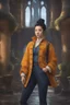 Placeholder: front view, beautiful female, asian, pale skin, dark hair, front shark spike hair, back high bun hairstyle, detailed dark eyes, yellow jacket, orange blouse, wearing backpack, baggy blue pants, fantasy setting, medieval, year 1800, 8k, high detail, intricate, cinematic background, facing viewer