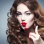 Placeholder: Beautiful portrait female, long brown wavy hair, barrel roll curls, looking down and to the side, full red lips, hand up like blowing a kiss, side profile