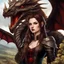 Placeholder: An arrogant looking young woman with pale skin and long brown hair in an outdoor fantasy setting with intricate details with a dragon flying in the far distance of the background. She is smirking, wearing black and read leather, has red eyes, an air of malevolent power surrounds her. gaia online avatar style. High definition.