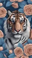 Placeholder: realistic tiger headshot in blue roses